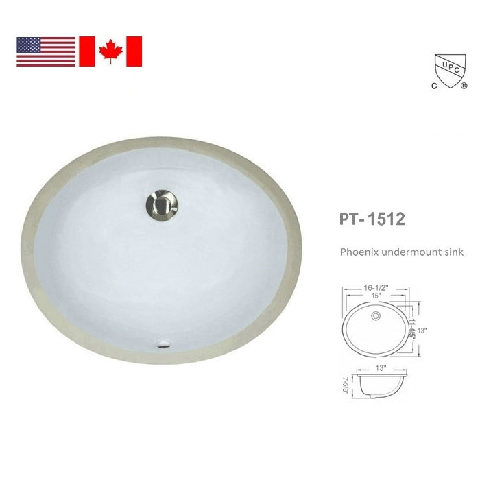15"x12" Glazed Bottom Undermount PT-15x12-W Oval Ceramic Sink, White